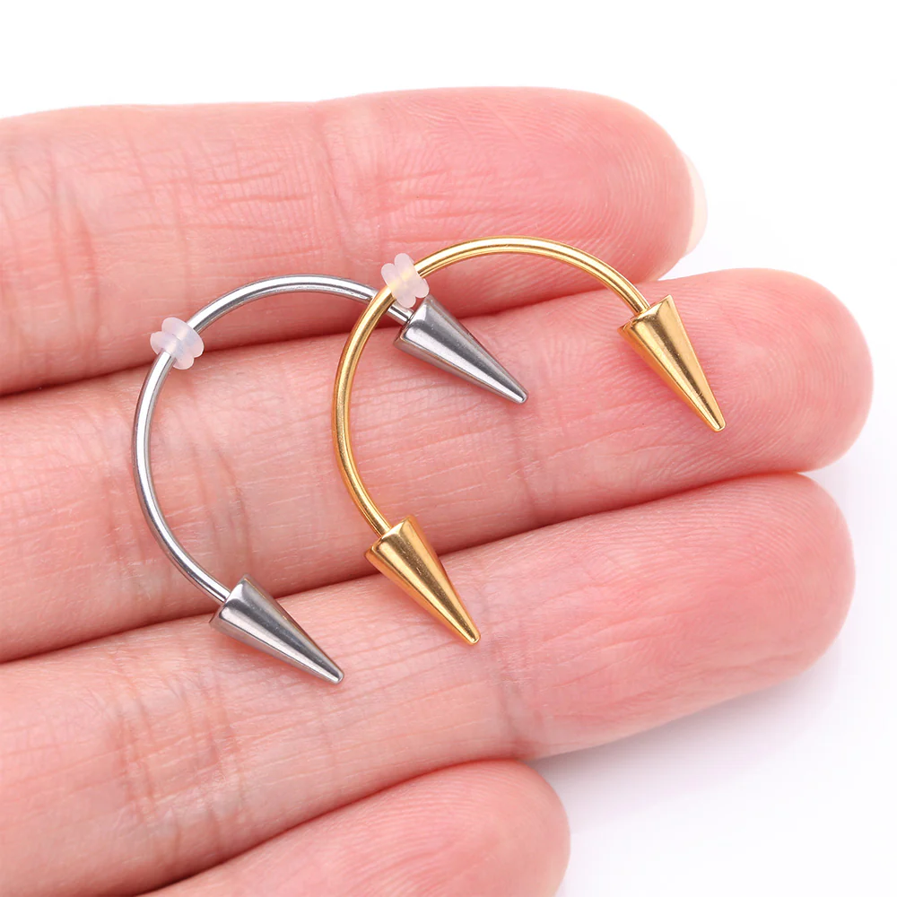 Golden Vampire Fangs Smiley Piercing Spike Horseshoe Barbell with O-Rings - Image 4