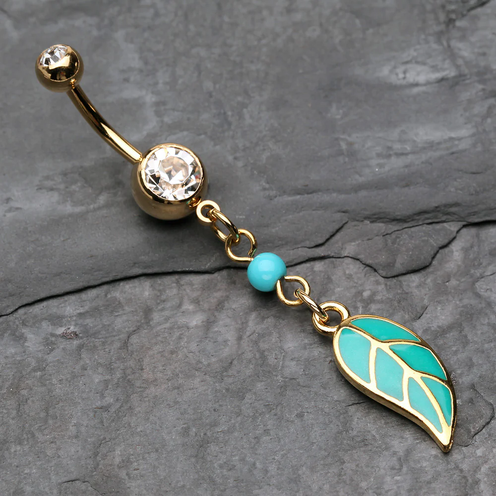 Golden Vibrant Charming Leaf Belly Button Ring - Image 3
