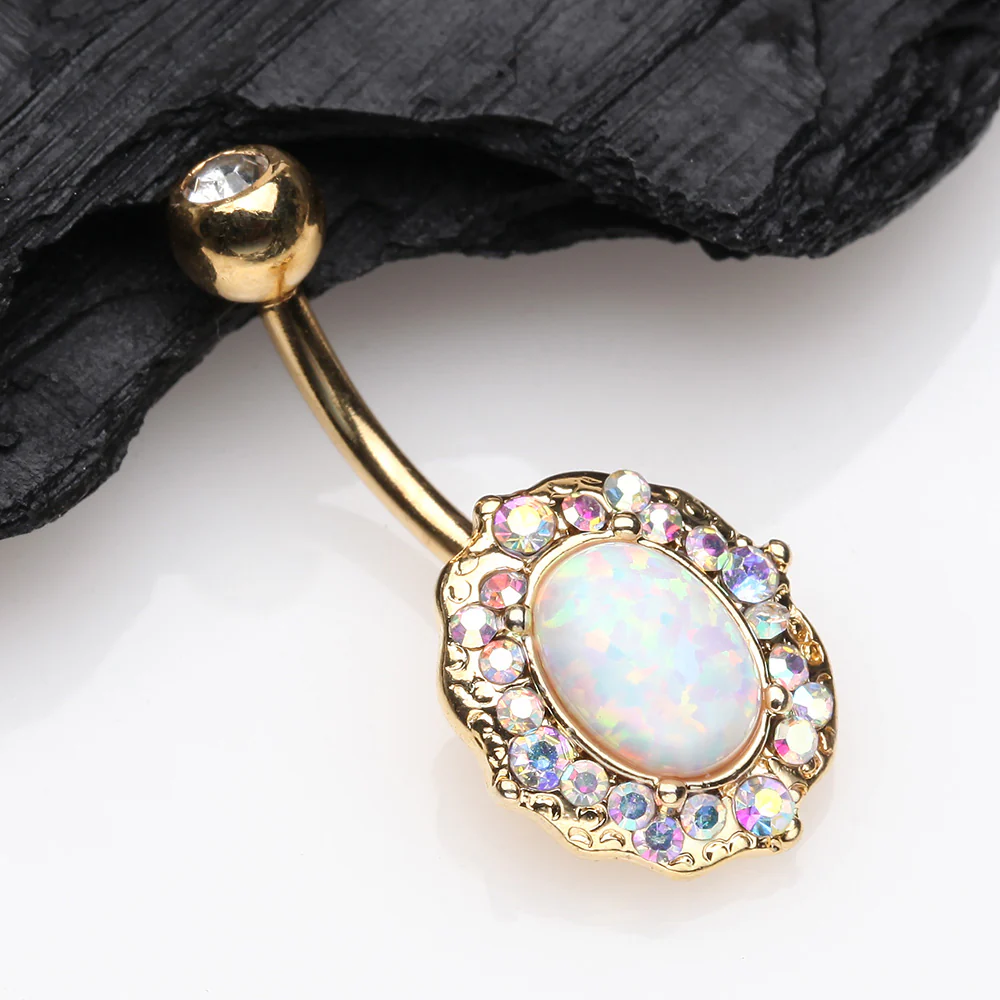 Golden Victorian Fire Opal Florid Sparkle Belly Button Ring - Image 3