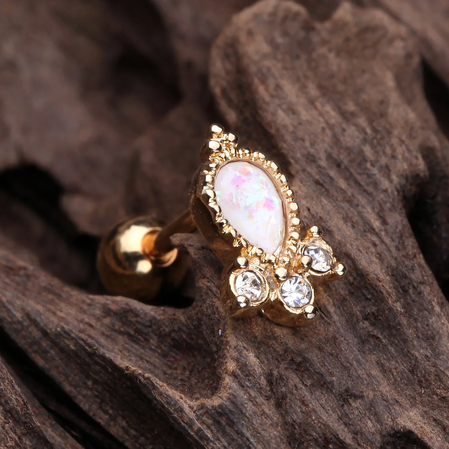 Golden Victorian Opal Sparkle Cartilage Tragus Barbell - Image 2