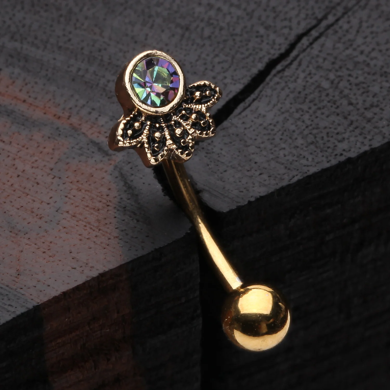 Golden Vintage Floral Vitrail Sparkle Curved Barbell - Image 2