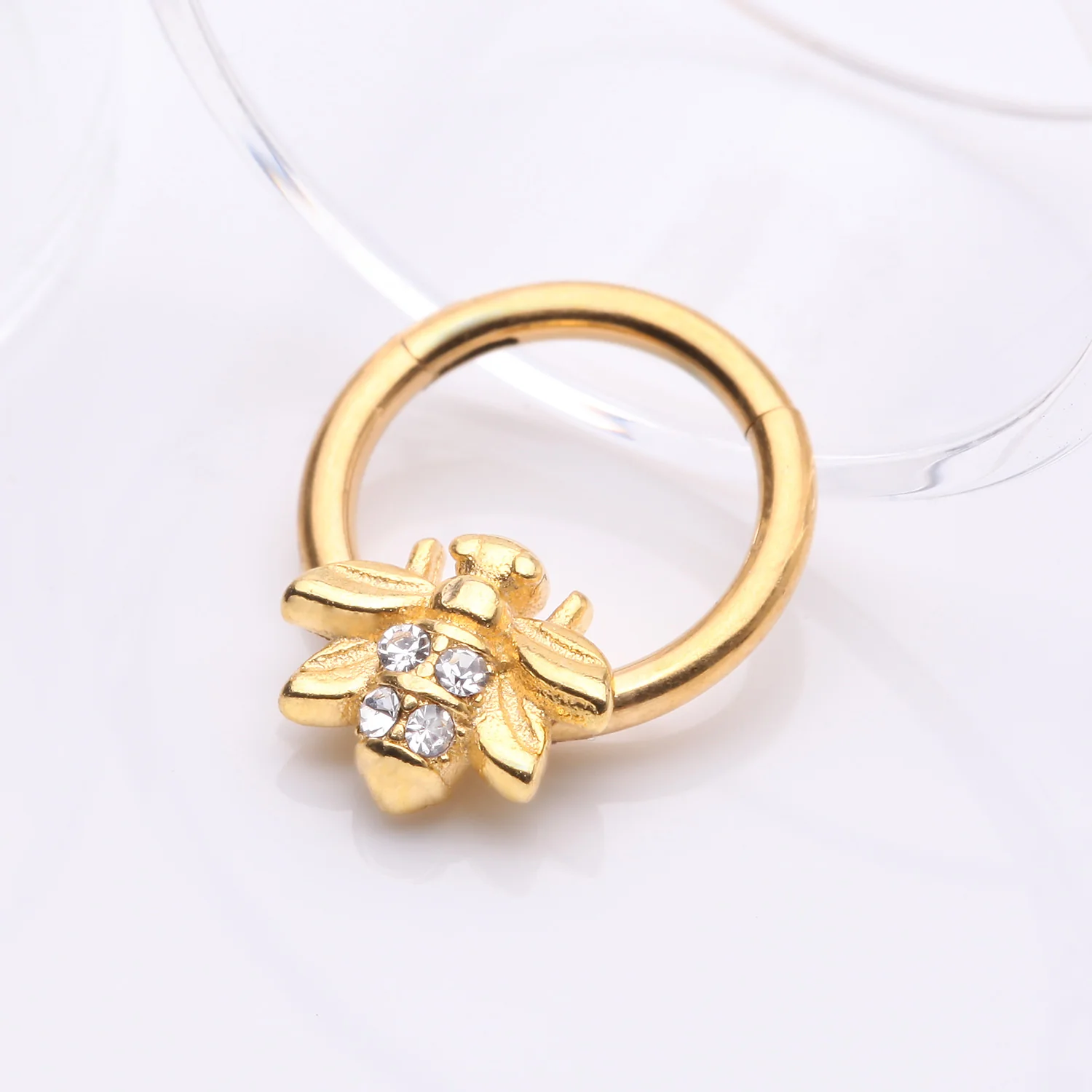 Golden Vintage Honey Bee Sparkle Seamless Clicker Hoop Ring - Image 2