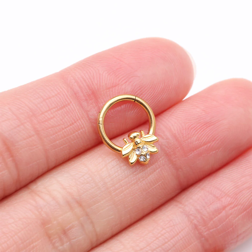 Golden Vintage Honey Bee Sparkle Seamless Clicker Hoop Ring - Image 3