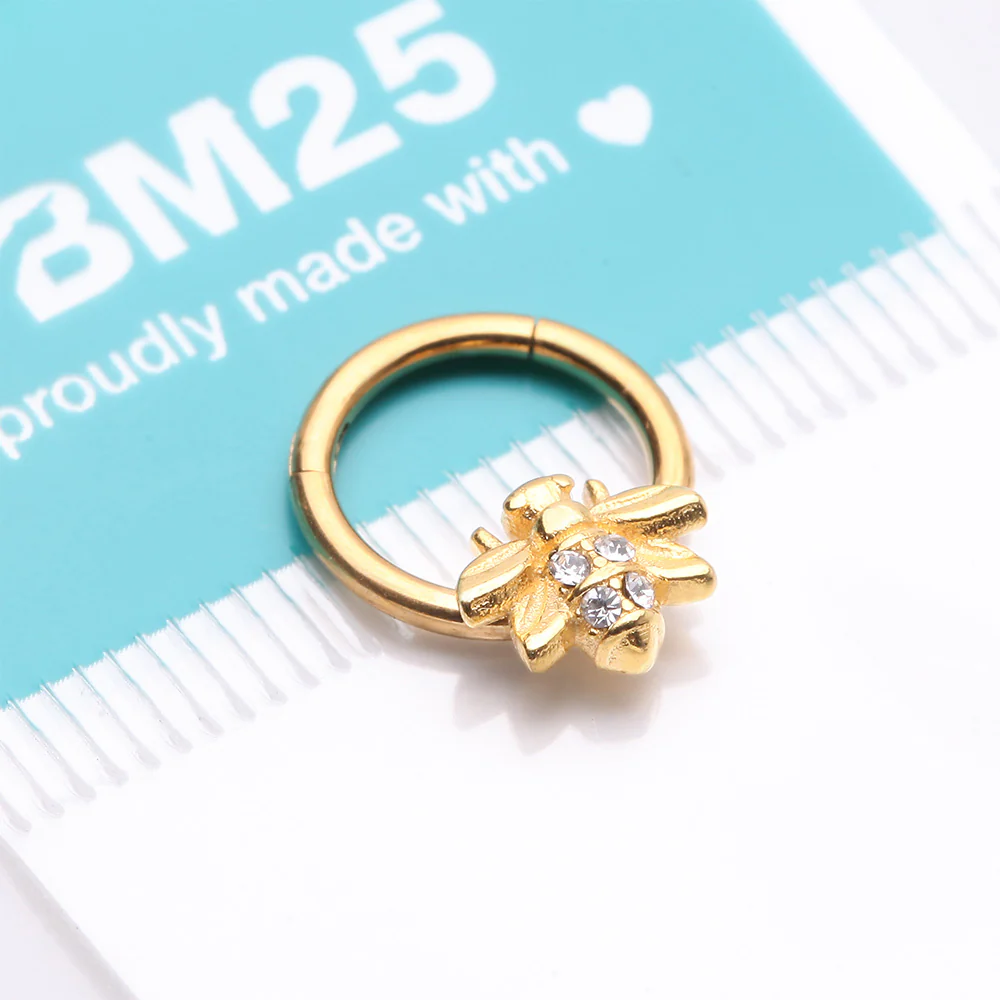 Golden Vintage Honey Bee Sparkle Seamless Clicker Hoop Ring - Image 5