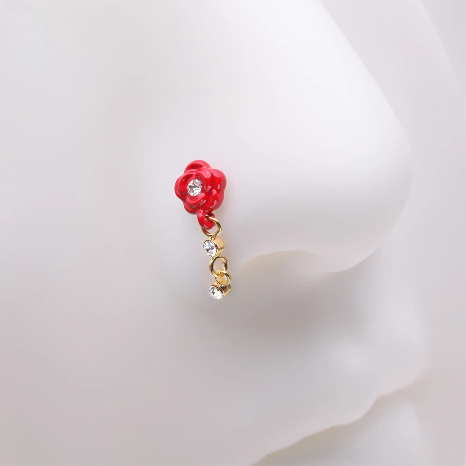 Golden Vintage Rose Blossom Dangle Sparkle L-Shaped Nose Ring - Image 2