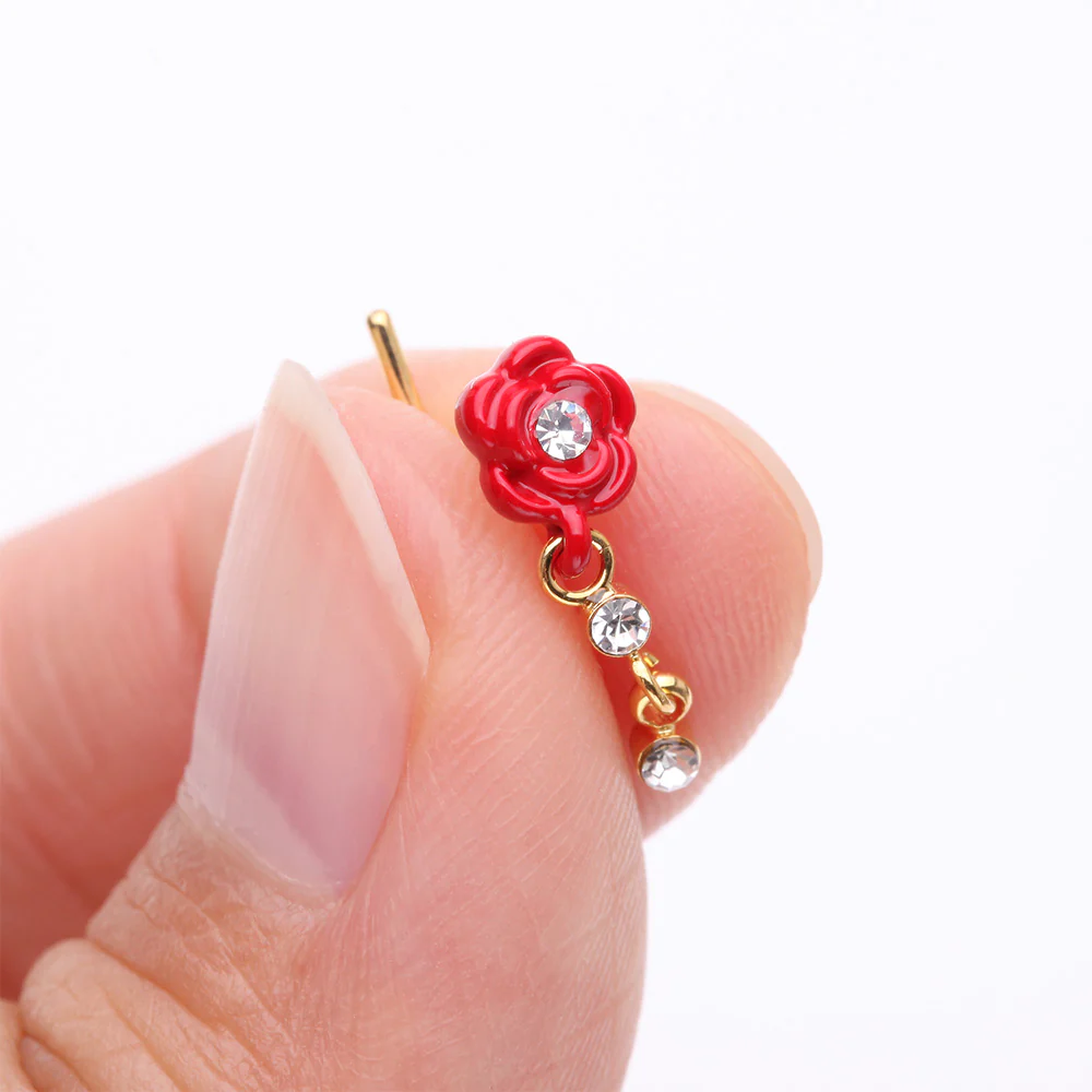 Golden Vintage Rose Blossom Dangle Sparkle L-Shaped Nose Ring - Image 3