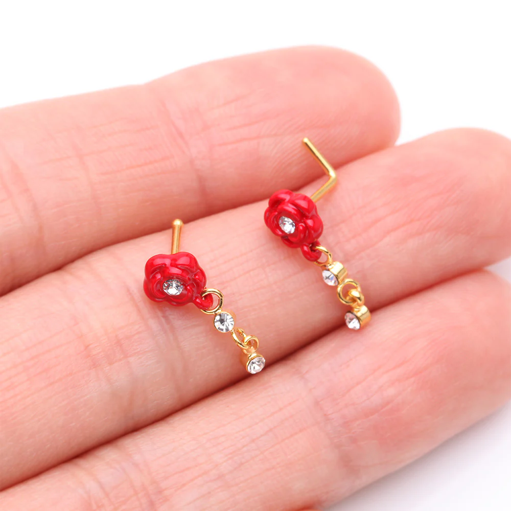Golden Vintage Rose Blossom Dangle Sparkle L-Shaped Nose Ring - Image 4