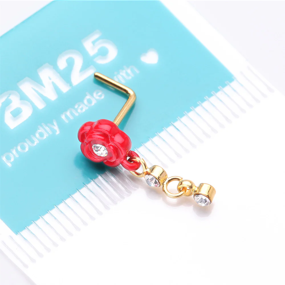 Golden Vintage Rose Blossom Dangle Sparkle L-Shaped Nose Ring - Image 5