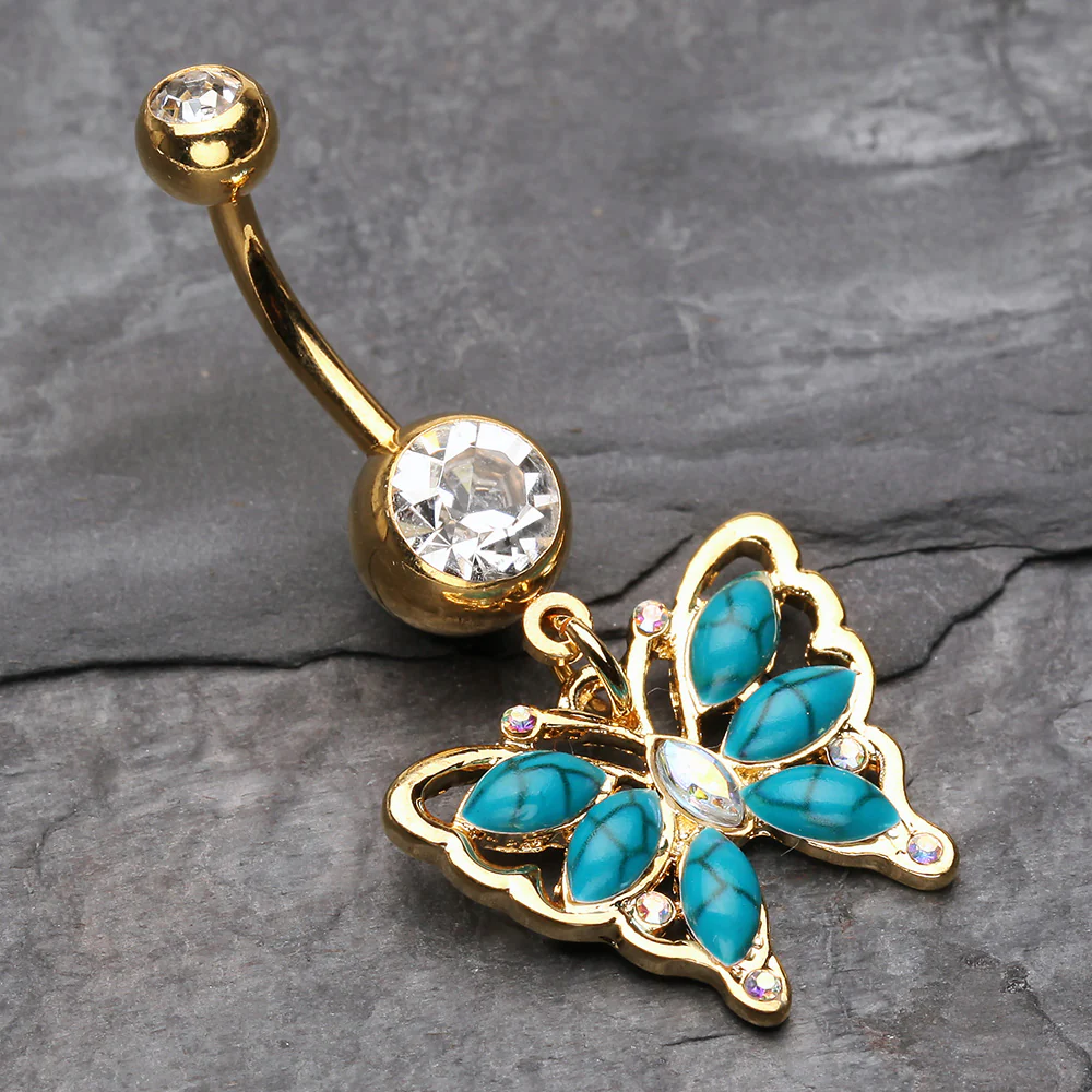 Golden Vintage Turquoise Butterfly Belly Button Ring - Image 3