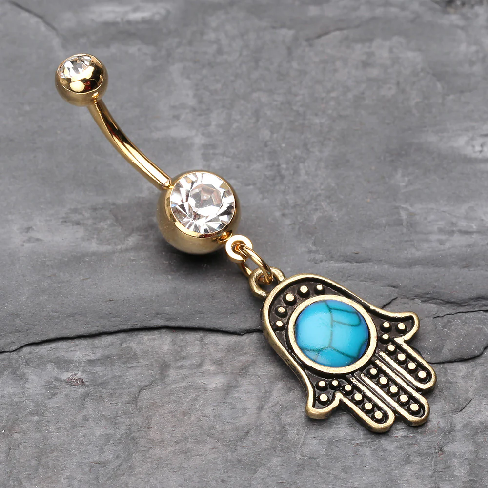 Golden Vintage Turquoise Hamsa Belly Button Ring - Image 3