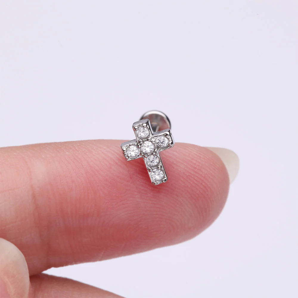 Grand Sparkle Cross Top Internally Threaded Steel Flat Back Stud Labret - Image 3
