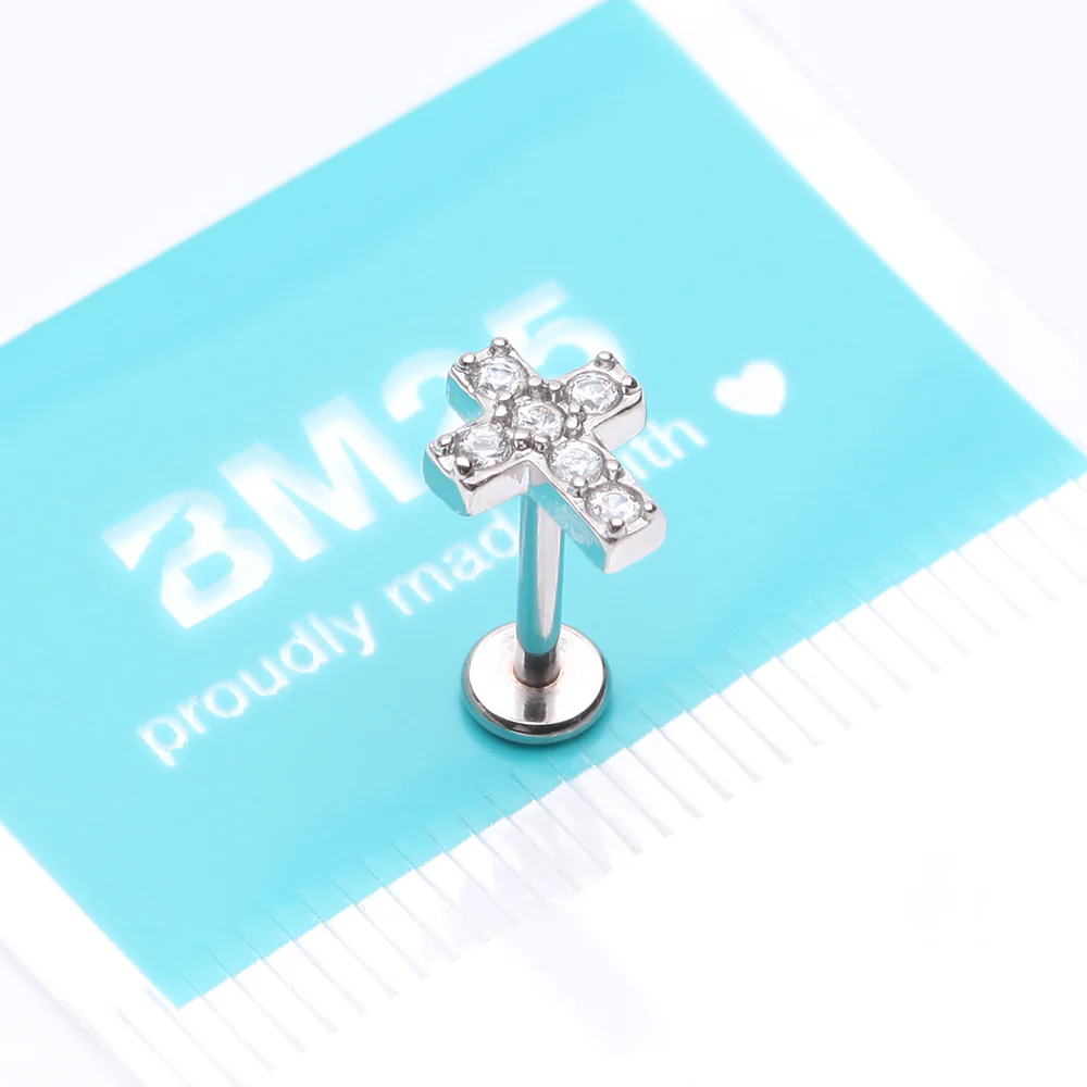 Grand Sparkle Cross Top Internally Threaded Steel Flat Back Stud Labret - Image 4