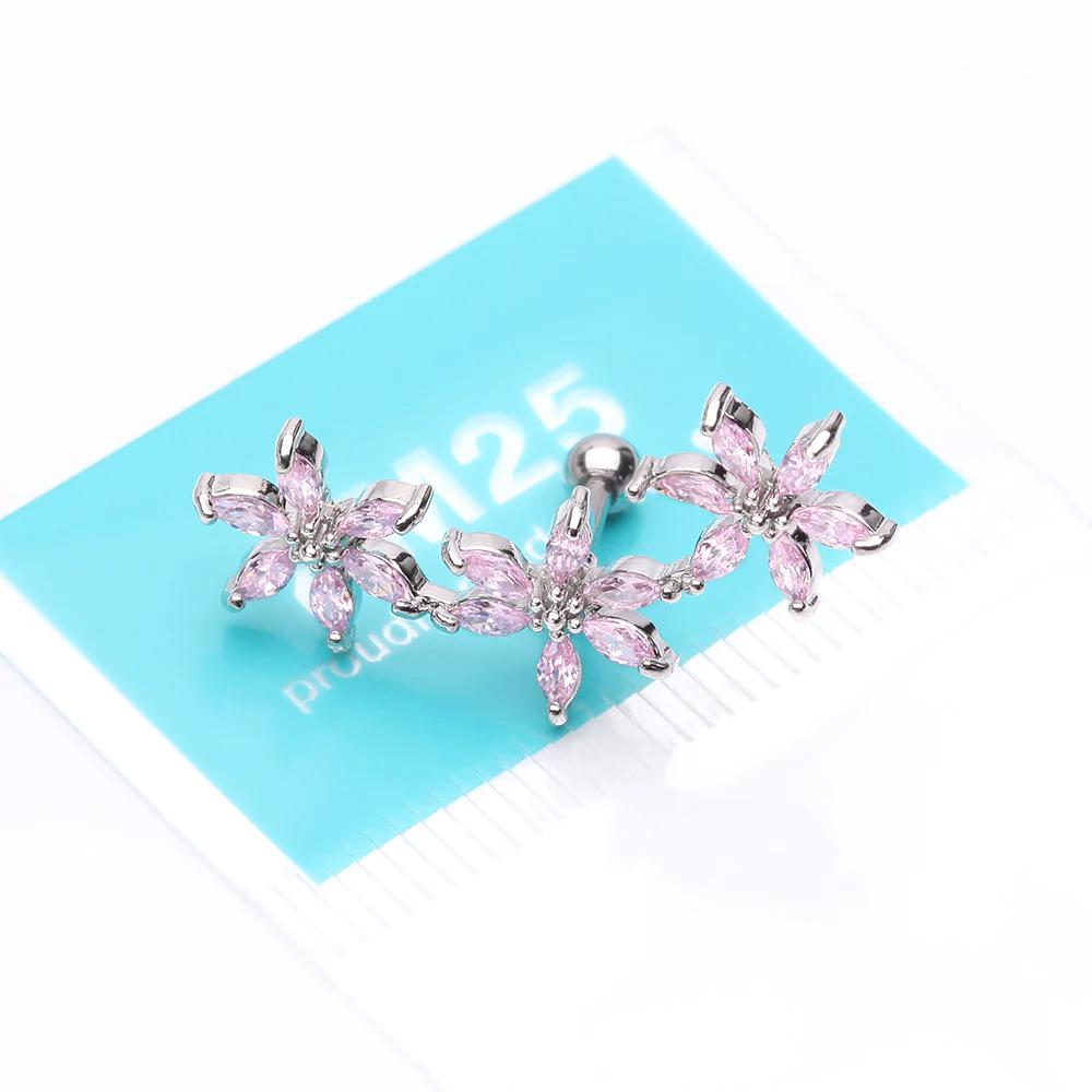 Grand Sparkle Triple Flowers Steel Cartilage Tragus Barbell Stud - Image 4