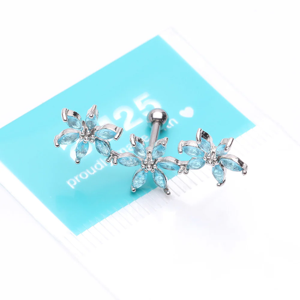 Grand Sparkle Triple Flowers Steel Cartilage Tragus Barbell Stud - Image 4