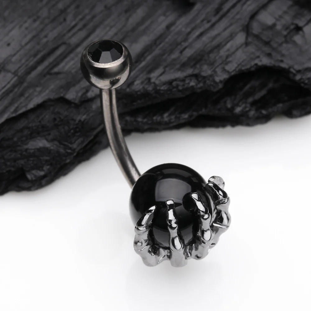 Gunmetal Onyx Stone Orb Shine Skeleton Hand Belly Button Ring - Image 3