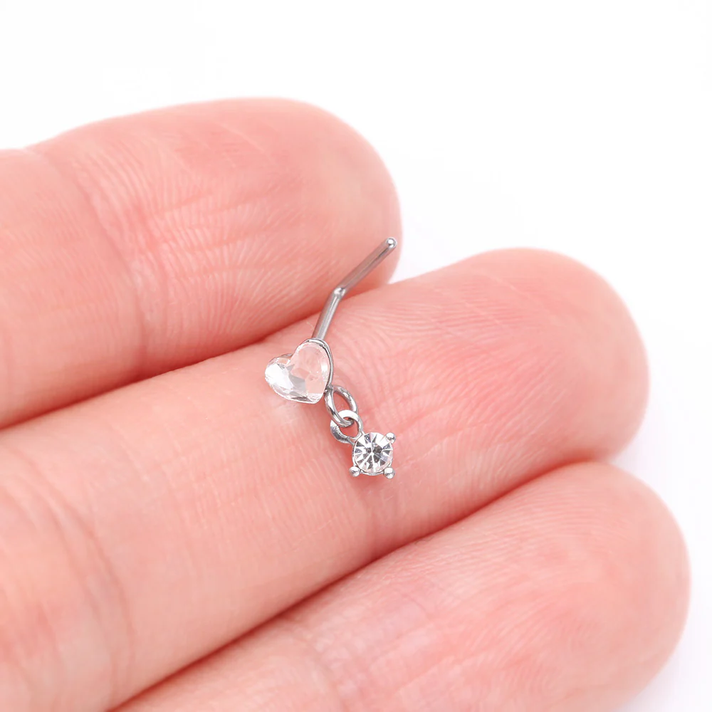 Heart Gem Sparkle Dangle L-Shaped Nose Ring - Image 3