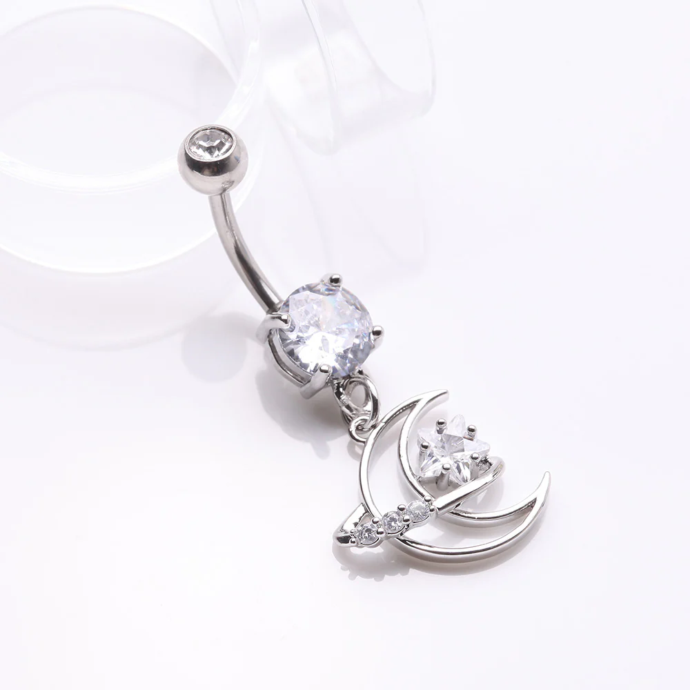 Hollow Crescent Moon Sparkle Star Orbit Dangle Belly Button Ring - Image 3
