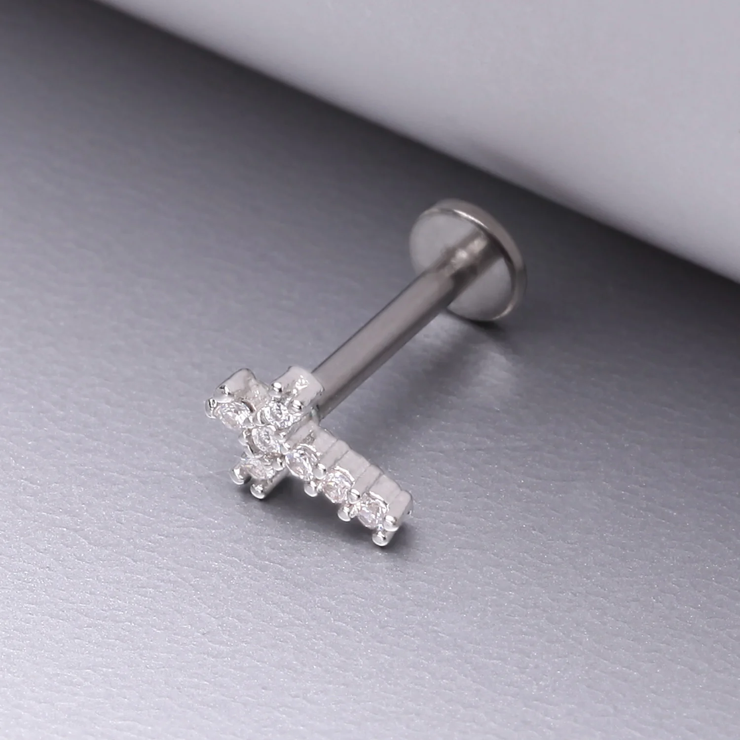 Holy Cross Sparkle Top Internally Threaded Steel Flat Back Stud Labret - Image 2