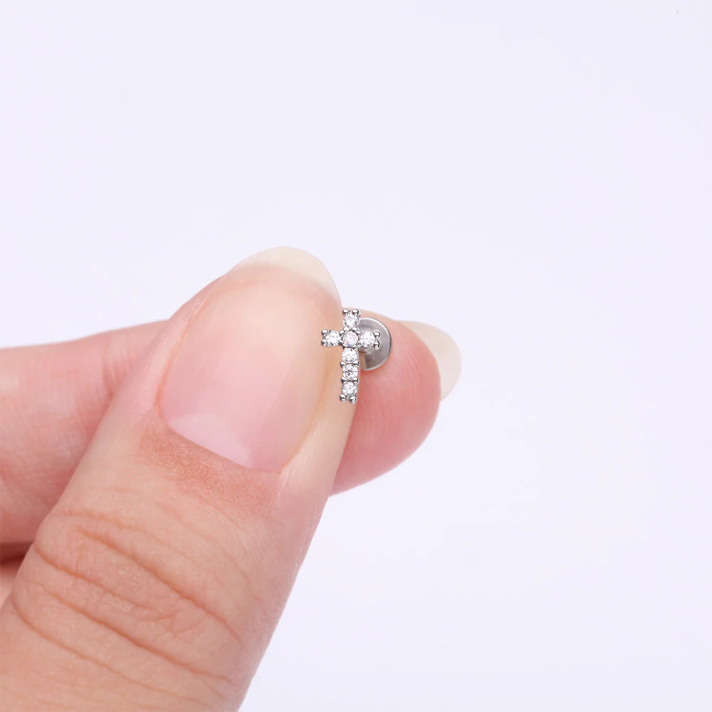 Holy Cross Sparkle Top Internally Threaded Steel Flat Back Stud Labret - Image 3