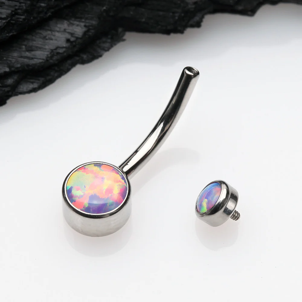 Implant Grade Fire Opal Titanium Internally Threaded Bezel Set Belly Button Ring - Image 4