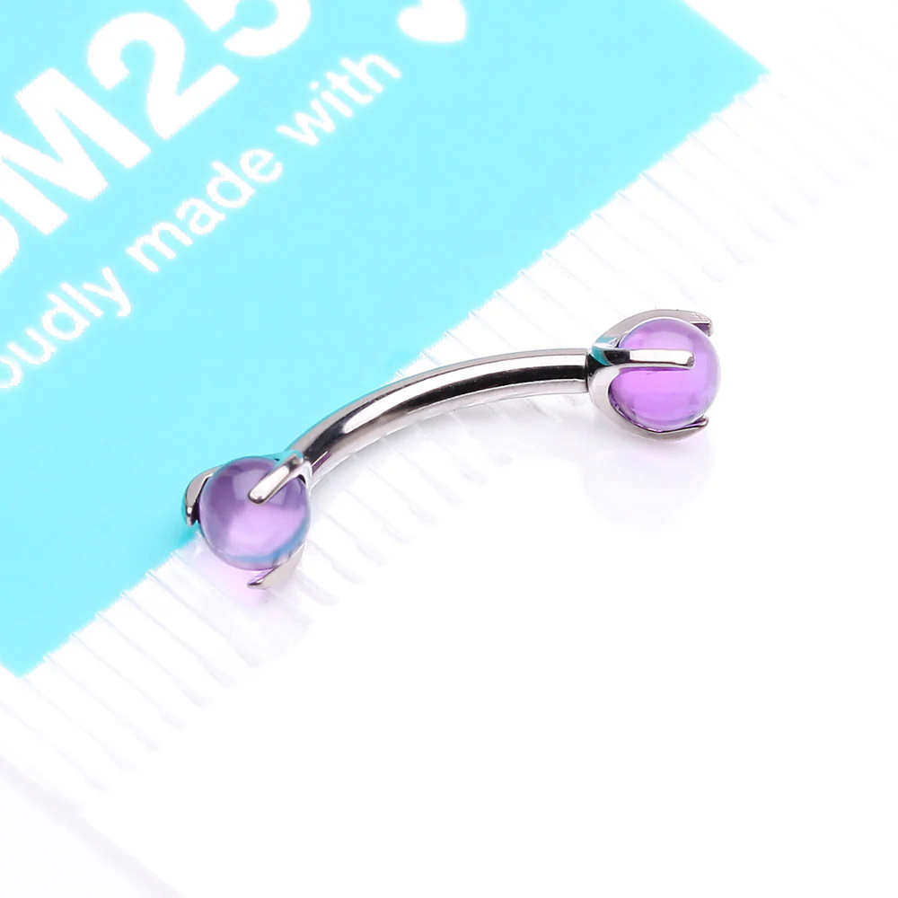 Implant Grade Titanium Amethyst Stone Ball Claw Prong Internally Threaded Curved Barbell - Image 5