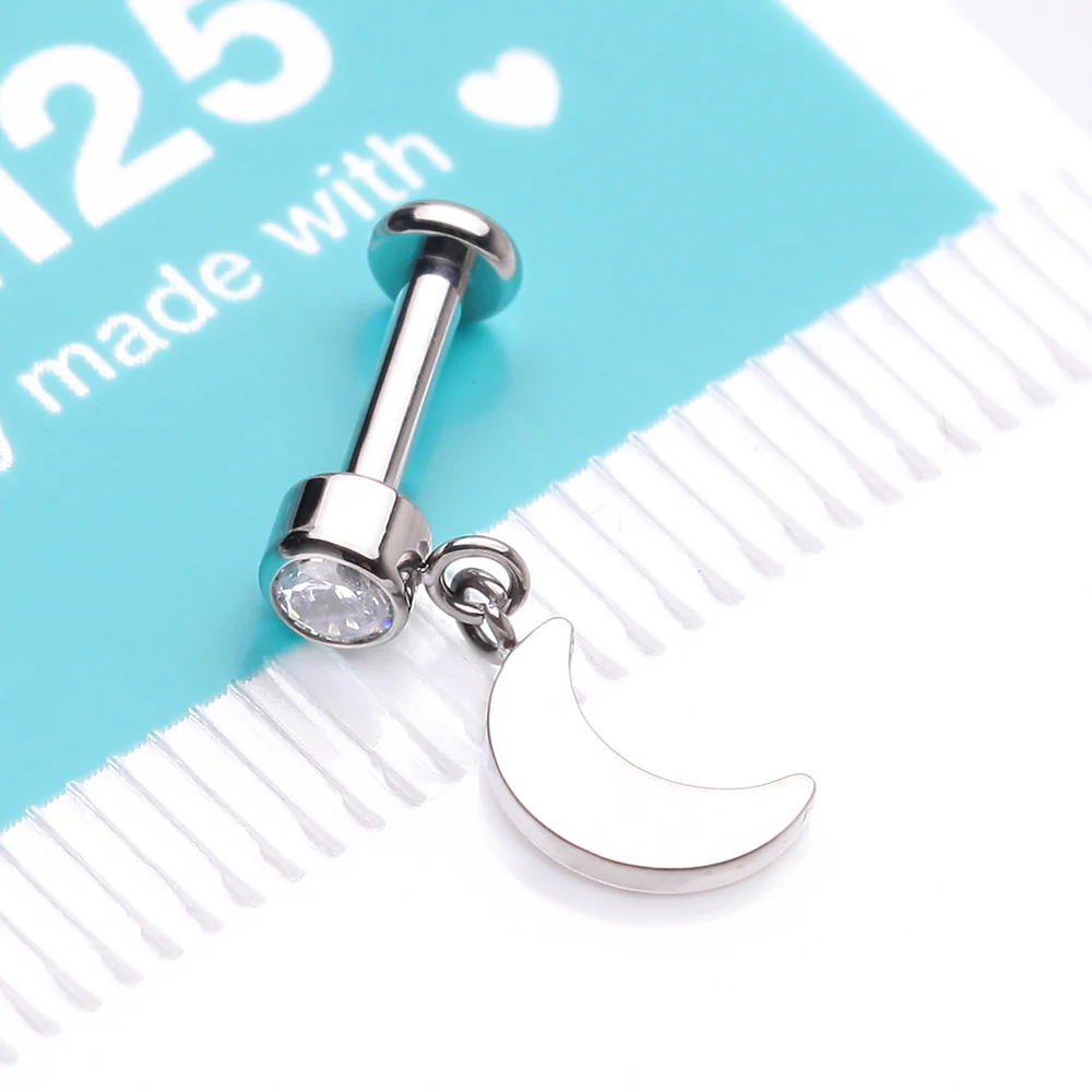 Implant Grade Titanium Bezel Gem Crescent Moon Dangle Internally Threaded Flat Back Labret - Image 5