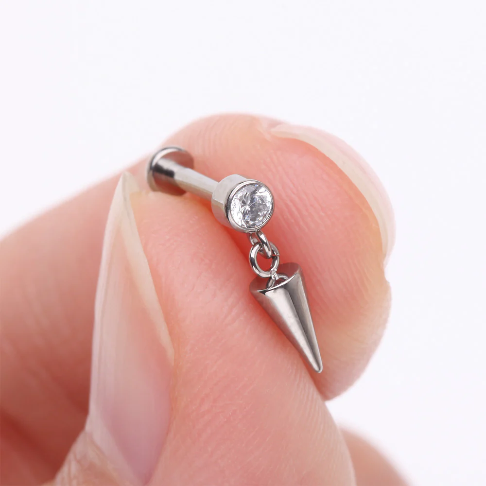 Implant Grade Titanium Bezel Gem Spike Cone Dangle Internally Threaded Flat Back Labret - Image 3