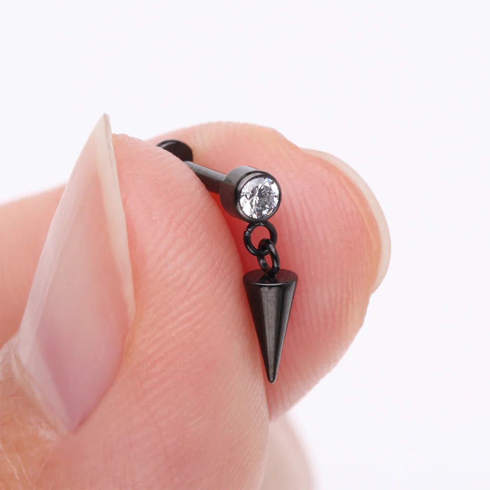Implant Grade Titanium Blackline Bezel Gem Spike Cone Dangle Internally Threaded Flat Back Labret - Image 3