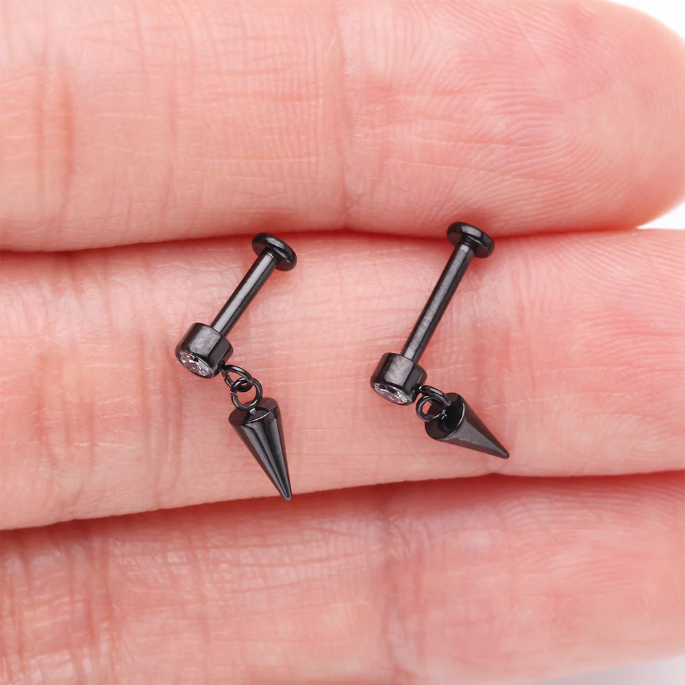 Implant Grade Titanium Blackline Bezel Gem Spike Cone Dangle Internally Threaded Flat Back Labret - Image 4