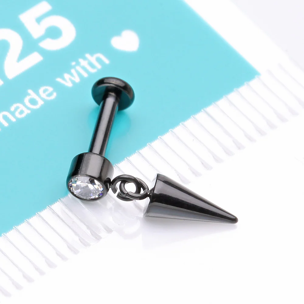 Implant Grade Titanium Blackline Bezel Gem Spike Cone Dangle Internally Threaded Flat Back Labret - Image 5