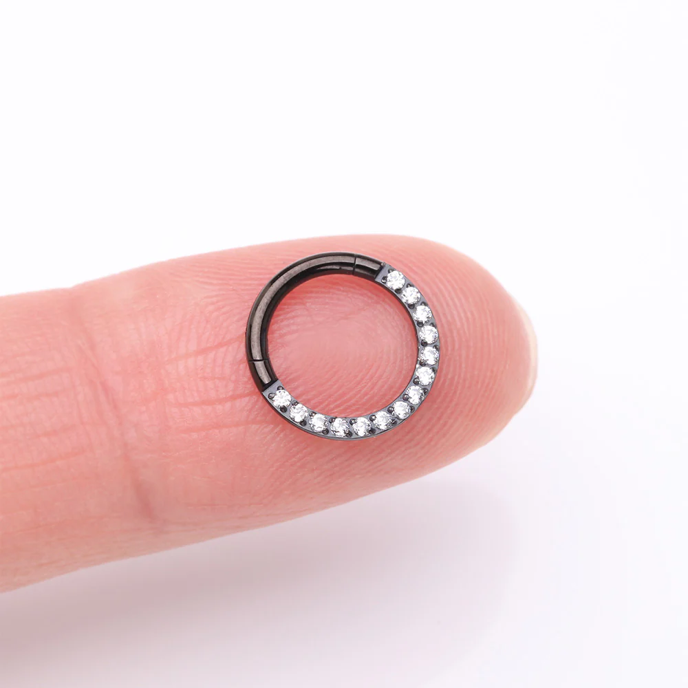 Implant Grade Titanium Blackline Brilliant Sparkle Gems Front Lined Clicker Hoop Ring - Image 3