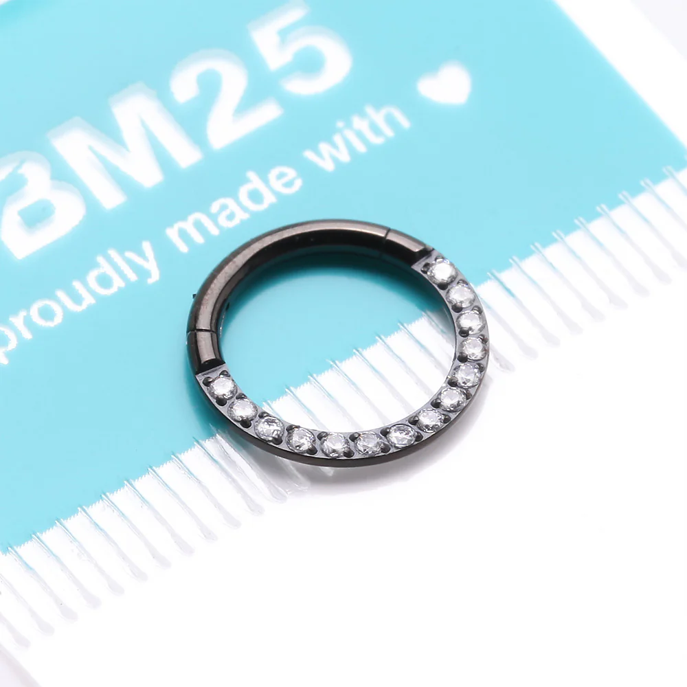Implant Grade Titanium Blackline Brilliant Sparkle Gems Front Lined Clicker Hoop Ring - Image 4