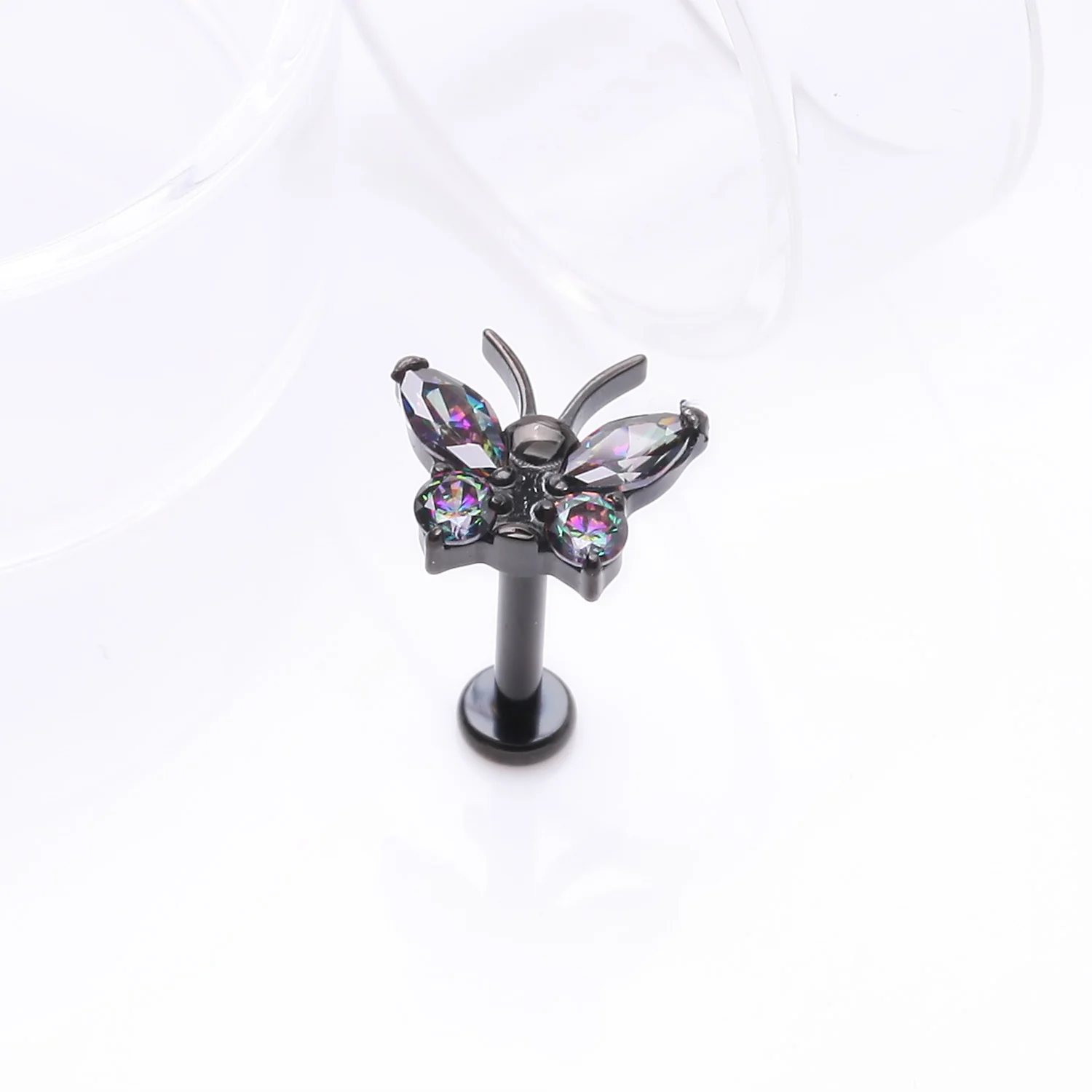Implant Grade Titanium Blackline Butterfly Sparkle Internally Threaded Flat Back Stud Labret - Image 2