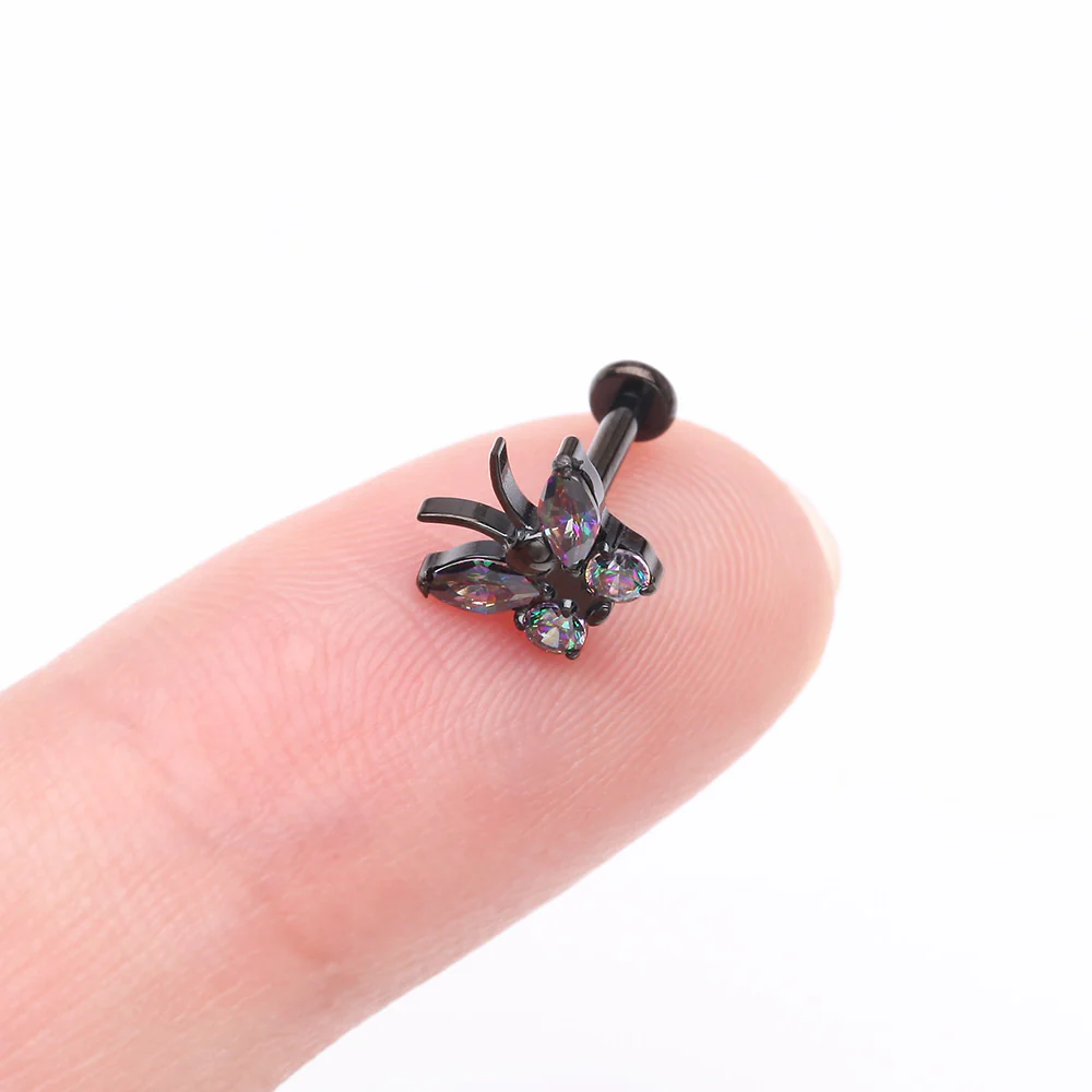 Implant Grade Titanium Blackline Butterfly Sparkle Internally Threaded Flat Back Stud Labret - Image 3
