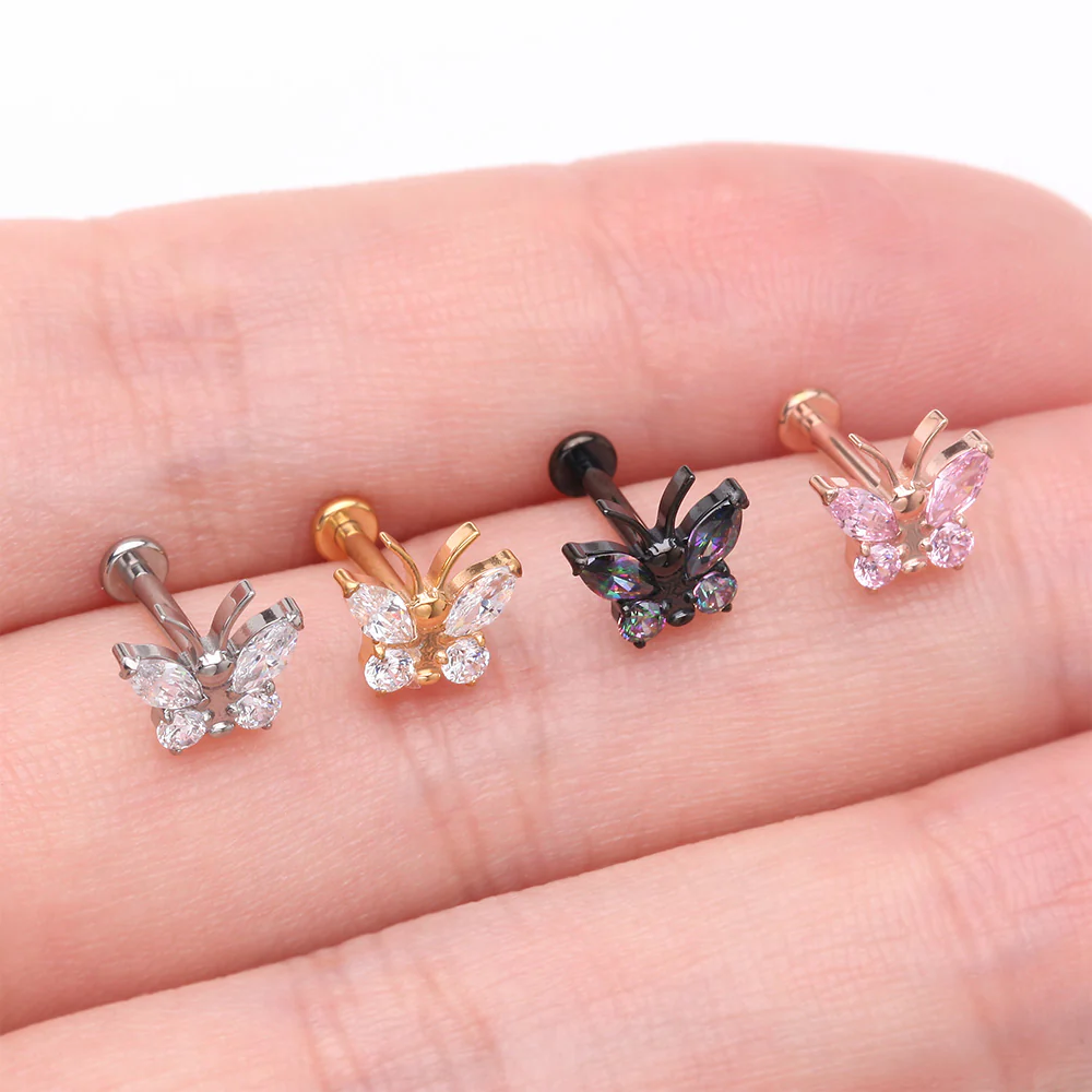 Implant Grade Titanium Blackline Butterfly Sparkle Internally Threaded Flat Back Stud Labret - Image 4