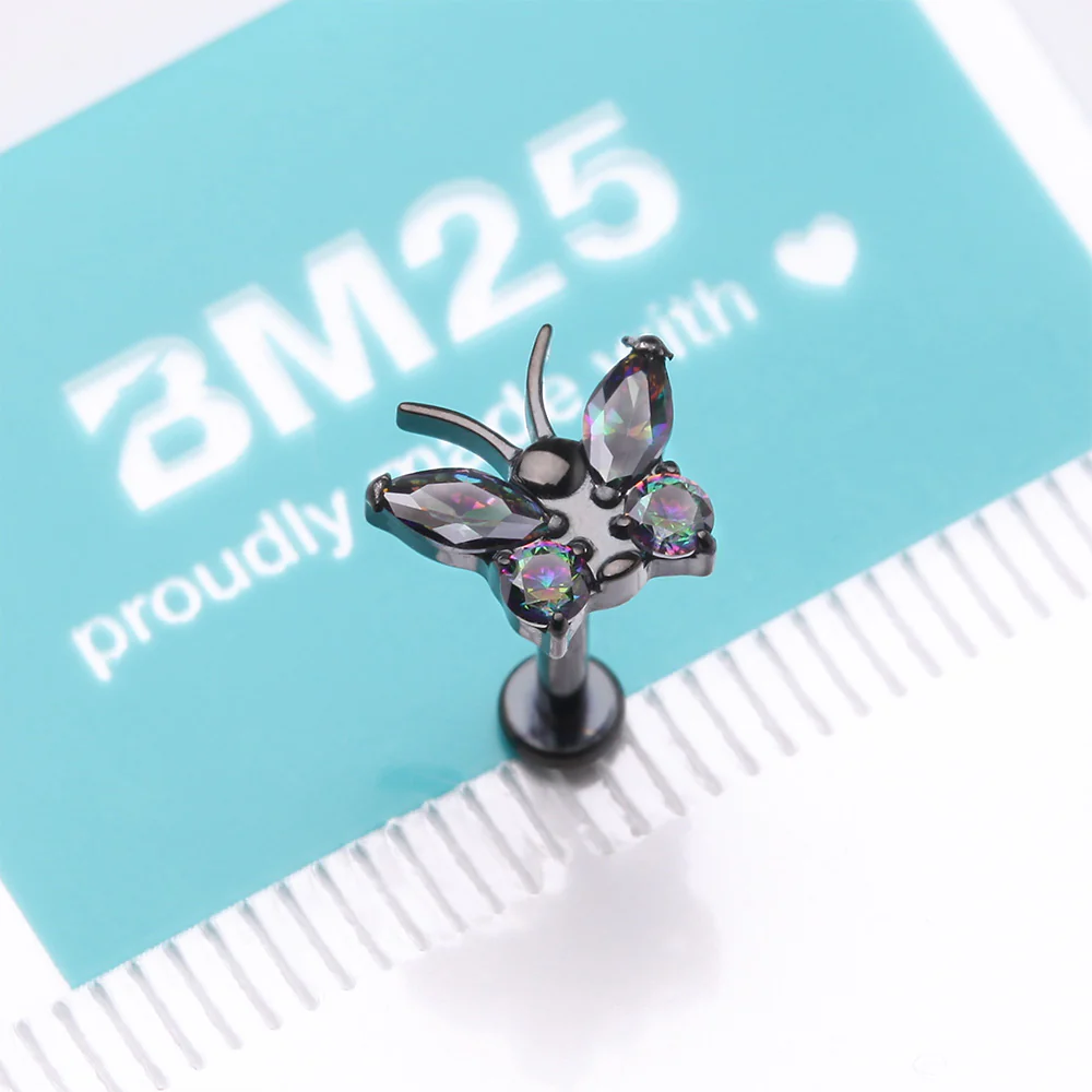 Implant Grade Titanium Blackline Butterfly Sparkle Internally Threaded Flat Back Stud Labret - Image 5