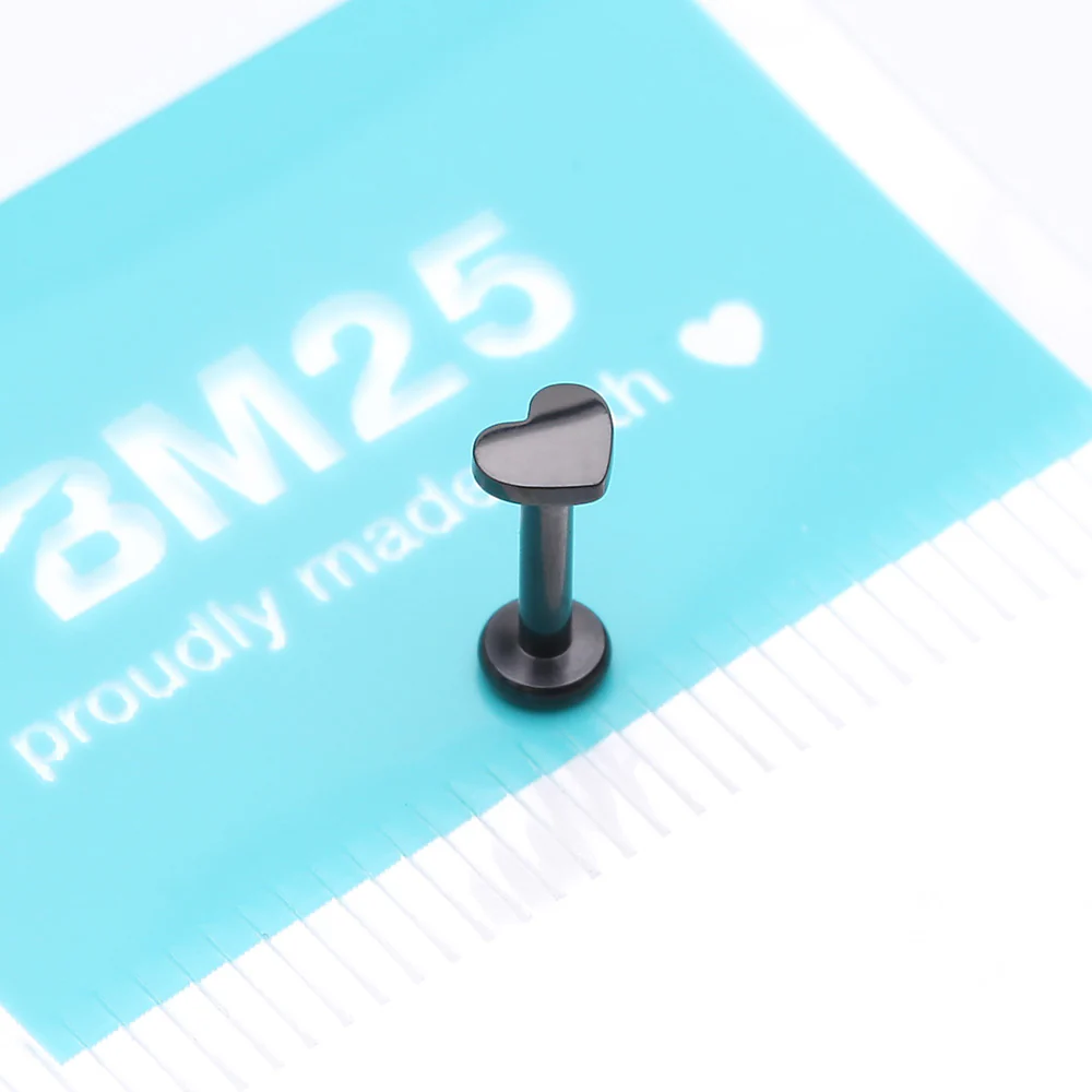 Implant Grade Titanium Blackline Heart Top Internally Threaded Flat Back Stud Labret - Image 4