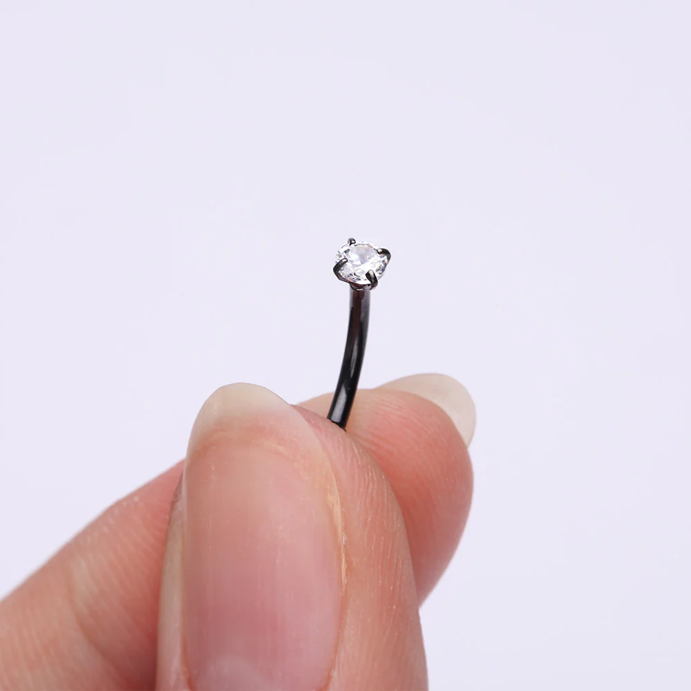 Implant Grade Titanium Blackline Prong Set Gem Sparkles Internally Threaded Curved Barbell - Image 3