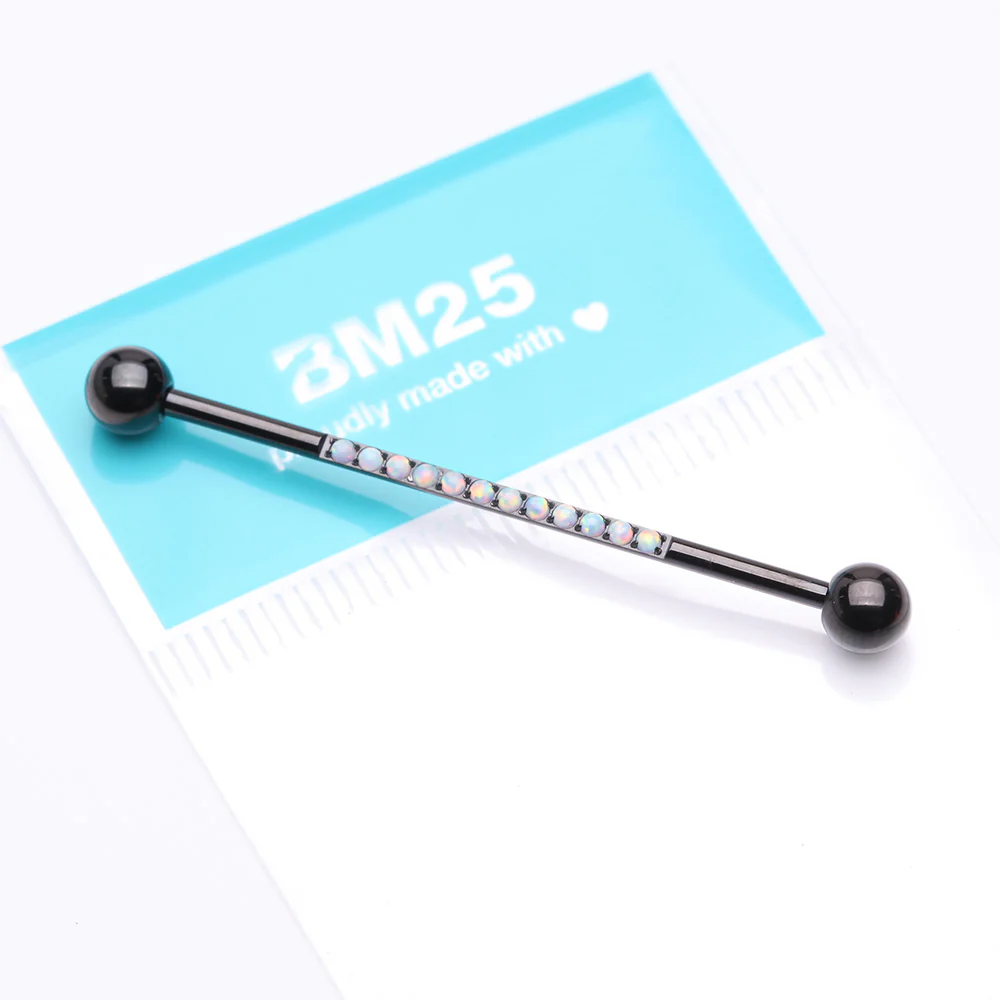 Implant Grade Titanium Blackline Sparkle Lined Fire Opal Industrial Barbell - Image 3