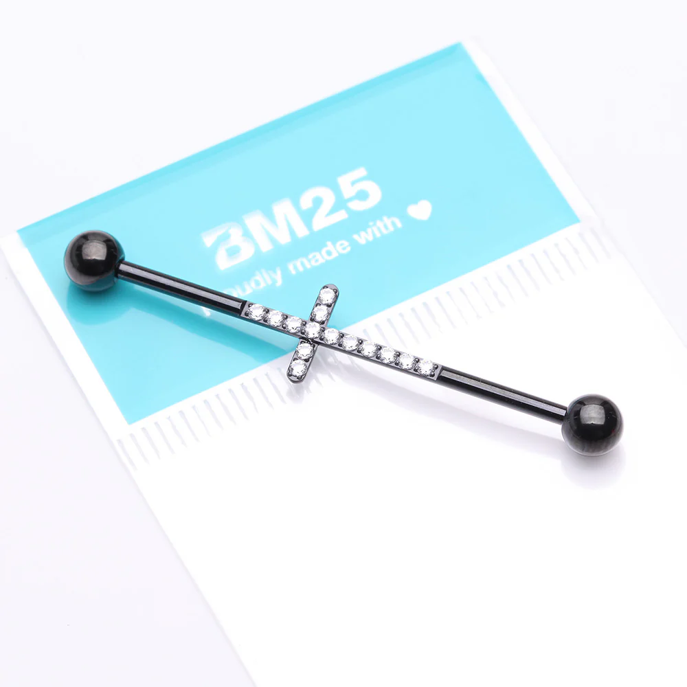 Implant Grade Titanium Blackline Sparkle Lined Multi-Gem Cross Industrial Barbell - Image 3