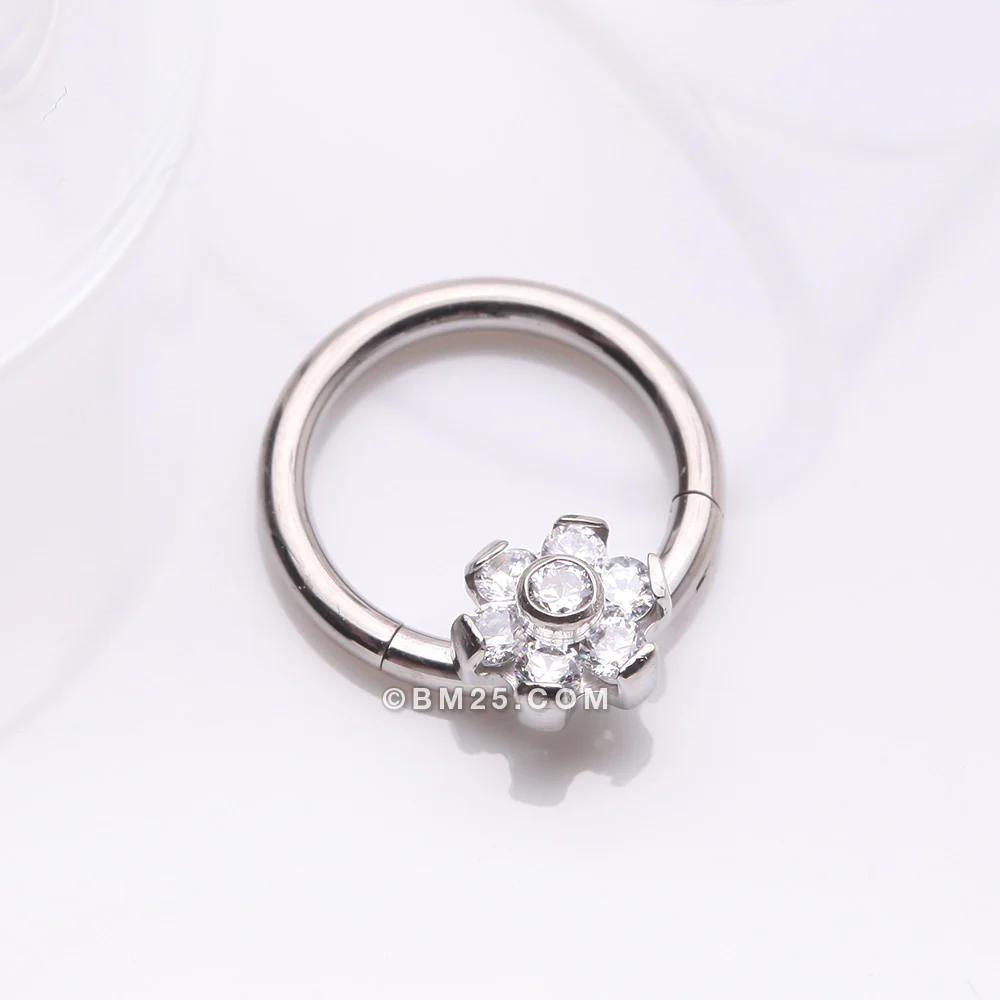 Implant Grade Titanium Brilliant Flower Sparkle Clicker Hoop Ring - Image 2