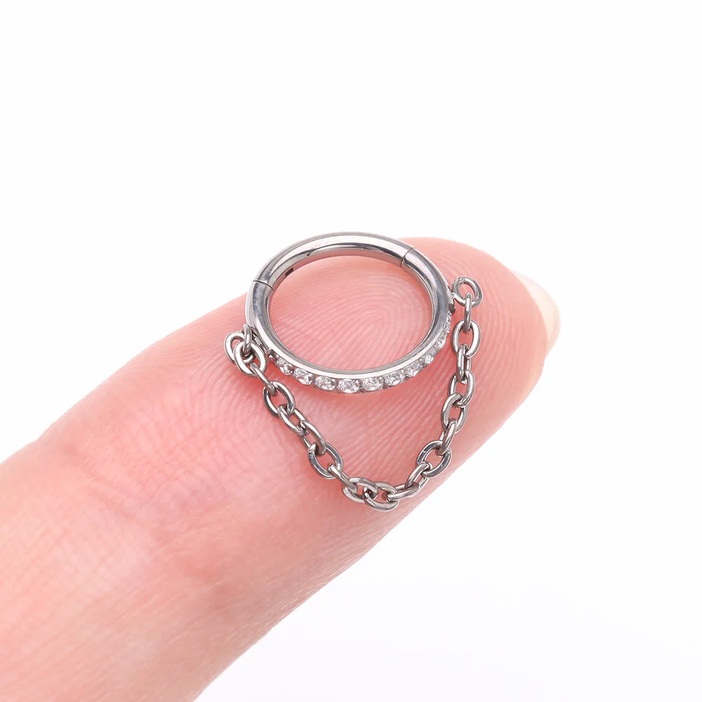 Implant Grade Titanium Brilliant Sparkle Rim Chained Clicker Hoop Ring - Image 3