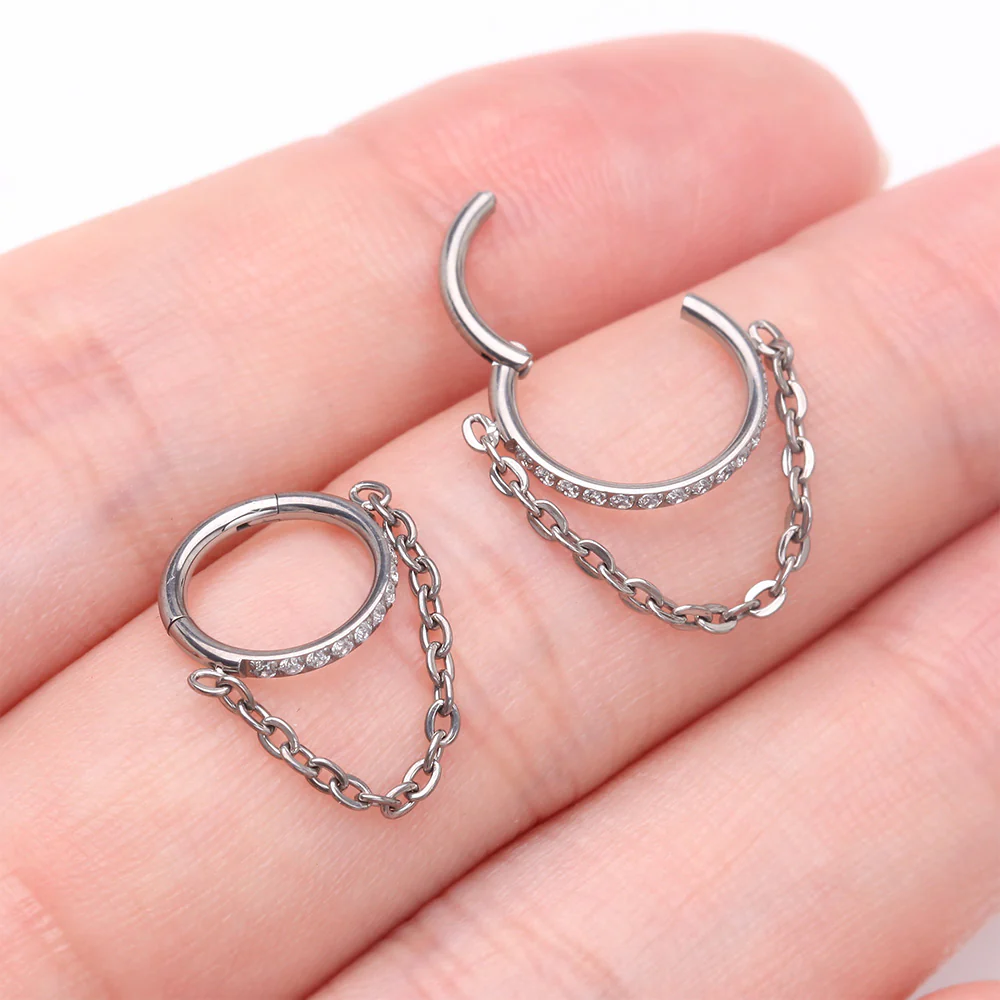 Implant Grade Titanium Brilliant Sparkle Rim Chained Clicker Hoop Ring - Image 4