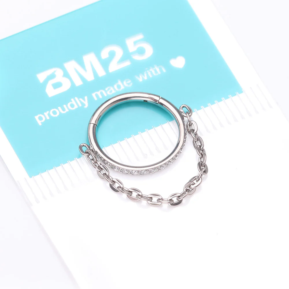 Implant Grade Titanium Brilliant Sparkle Rim Chained Clicker Hoop Ring - Image 5