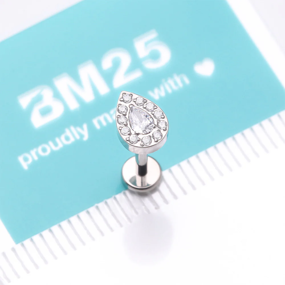 Implant Grade Titanium Brilliant Teardrop Sparkle Internally Threaded Flat Back Stud Labret - Image 5