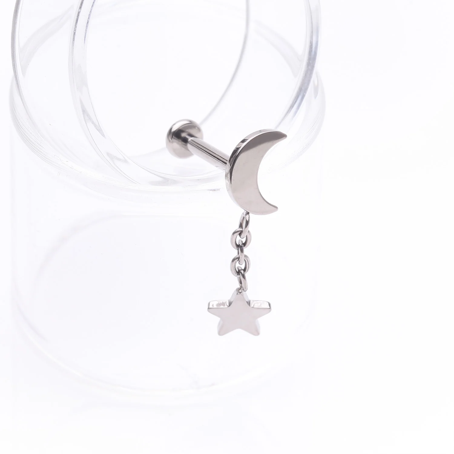 Implant Grade Titanium Crescent Moon with Star Dangle Internally Threaded Flat Back Stud Labret - Image 2