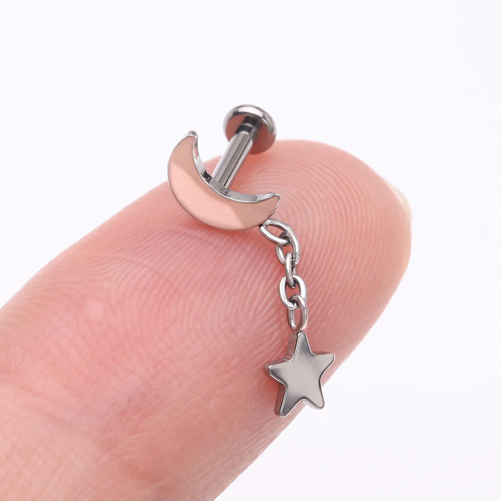Implant Grade Titanium Crescent Moon with Star Dangle Internally Threaded Flat Back Stud Labret - Image 3