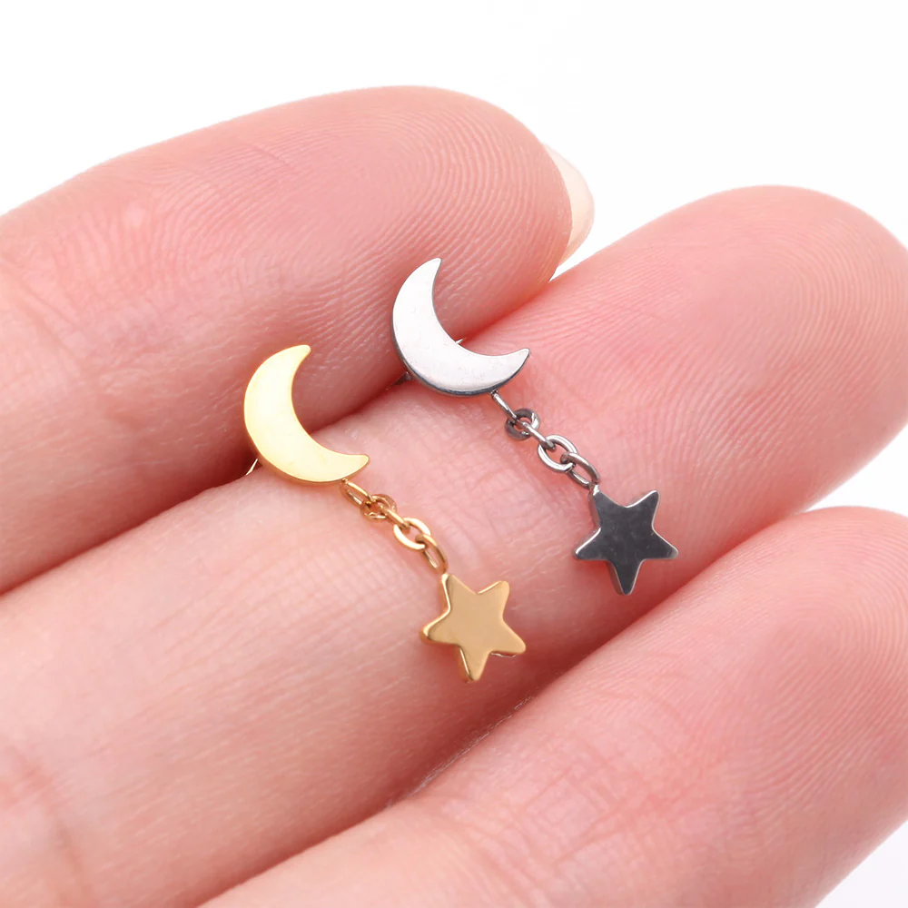 Implant Grade Titanium Crescent Moon with Star Dangle Internally Threaded Flat Back Stud Labret - Image 4