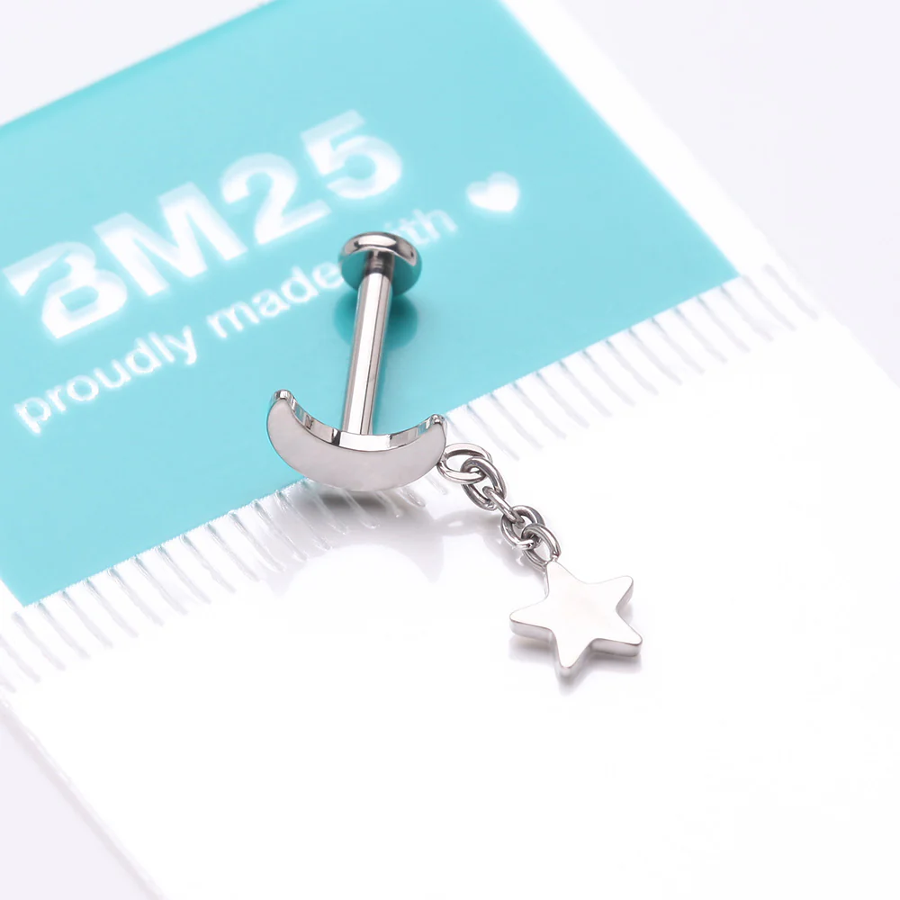 Implant Grade Titanium Crescent Moon with Star Dangle Internally Threaded Flat Back Stud Labret - Image 5