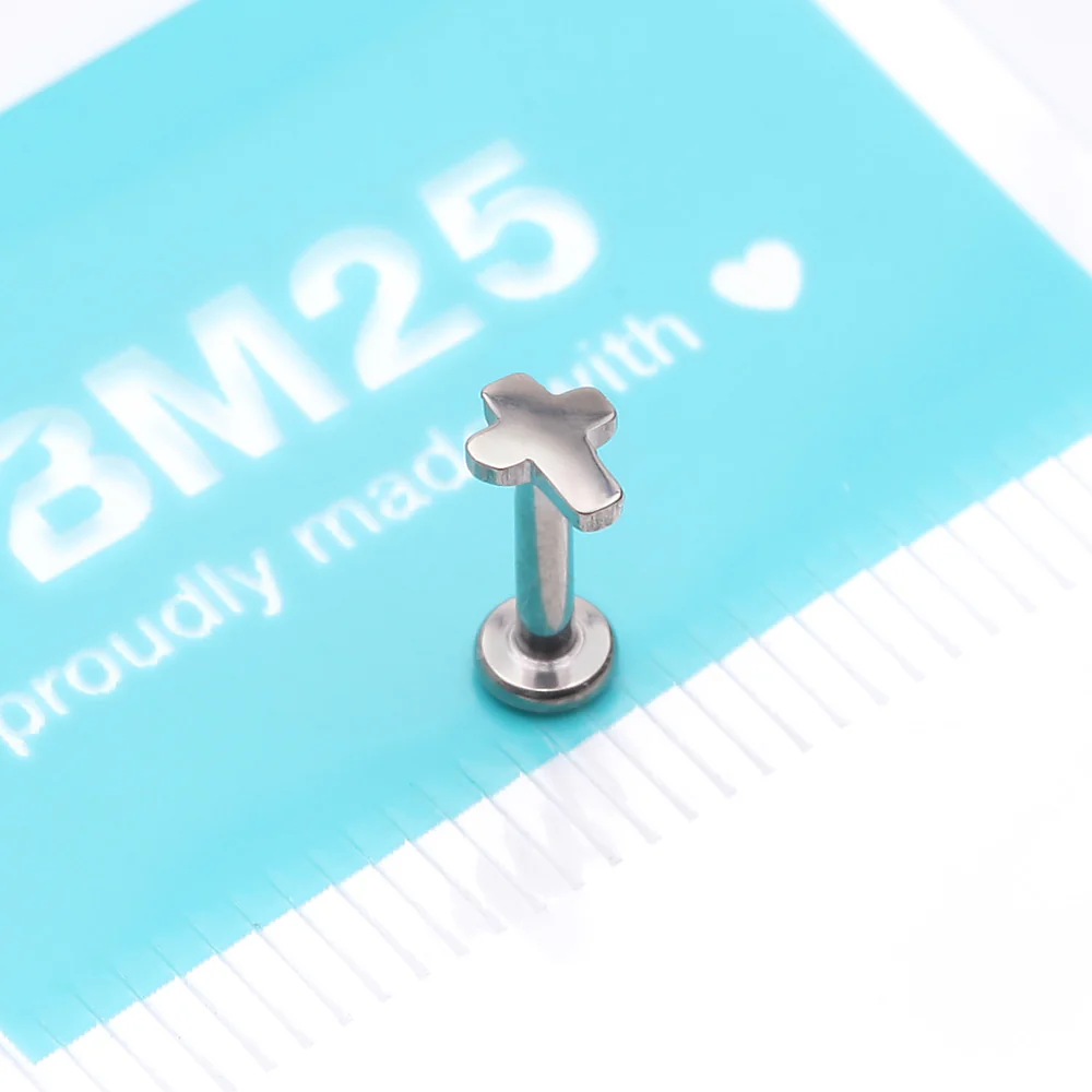 Implant Grade Titanium Cross Top Internally Threaded Flat Back Stud Labret - Image 4